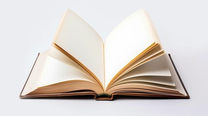 Open book on white background, side view. Empty pages in a book.