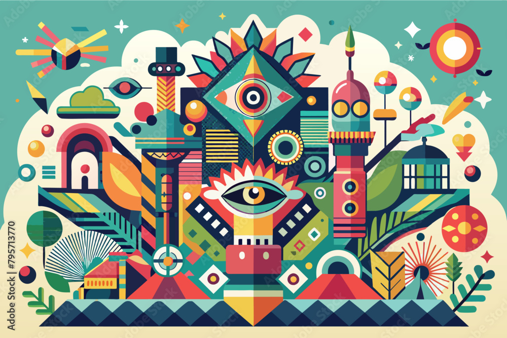 Aufkleber Colorful abstract illustration with geometric shapes, patterns, and eyes on a vibrant background with elements of nature and celestial bodies.