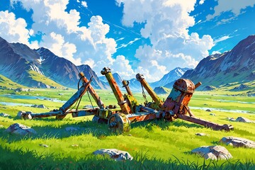 A large, rusty cannon is sitting in a field with mountains in the background
