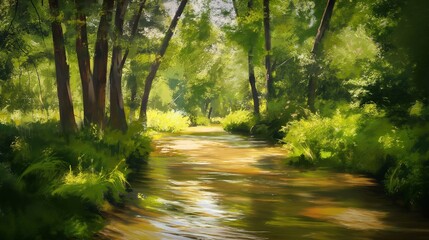 River in the forest. Oil painting on canvas. Forest landscape. Fine arts. Impressionist picture of a river in the woods. Old painting by oil. Impressionism or realism.