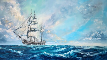 Ship in the sea. Oil painting. Sea landscape. Fine arts. Oil picture. Harsh strokes. Painting by oil. Impressionism or realism.