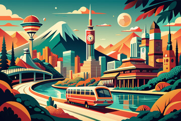 Illustration of a futuristic cityscape with a monorail train passing by, surrounded by colorful autumn trees and mountains in the background under a clear sky with clouds and a crescent moon.