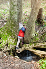 Naklejka na ściany i meble Kind erkundet den Wald. Kind auf expedition. Spielerisch lernen. Naturkunde. Child exploring the forest. Child on an expedition. Learning through play. Nature study.