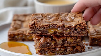   A tight shot of a plate filled with desserts A hand reaches in, grasping a gooey piece of chocolate caramel brownie