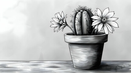 A simple line drawing of a potted cactus with a single flower