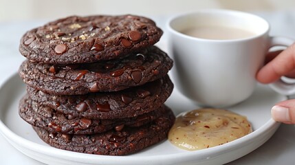   A stack of cookies on a white plate Nearby, a cup of coffee and a saucer