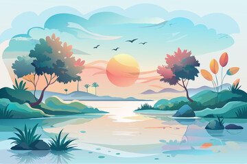 Fototapeta na wymiar A serene landscape illustration of a river flowing through a colorful forest with a setting sun and flying birds in the background.