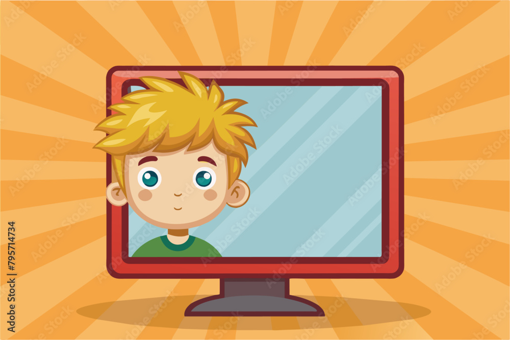 Poster a cartoon illustration of a computer monitor with a young boy peeking out from behind the screen, se