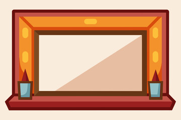 A cartoon illustration of a theater stage with red curtains and footlights on a wooden frame.