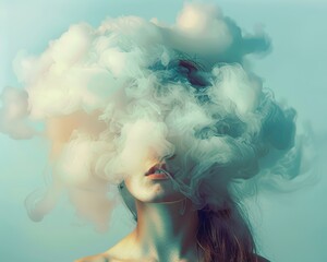 Portrait of a woman with her head immersed in a cloud of fog, lost in introspective thoughts