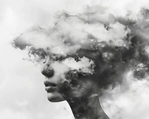 Womans head enveloped in misty clouds, lost in a sea of pensive and contemplative thoughts