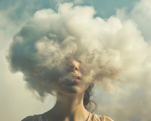 Beautiful female with head surrounded by fluffy clouds, lost in dreamy contemplation