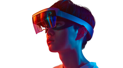 Young asian man looking in VR virtual reality goggles on the blue isolated background. Futuristic lifestyle. Theme of technology, AI, fantasy and playing people. Metaverse technology concept. 