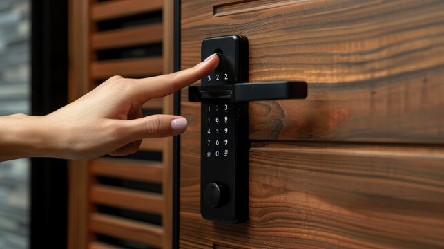 Closeup of a woman's finger entering password code on the smart digital touch screen keypad entry door lock in front of a hotel room or apartment, Modern security, Keyless, Smart device concept.