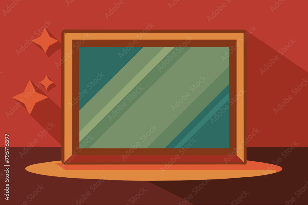 Aufkleber illustration of a framed painting with abstract diagonal stripes on a red background with two orange