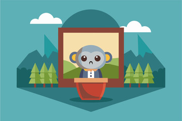 Fototapeta na wymiar Cartoon illustration of a sad monkey in a suit standing behind a podium with a framed picture of itself in the background, surrounded by mountains and trees.