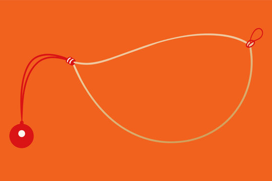 A red yoyo with its string fully extended on an orange background.