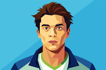 Illustration of a person with brown hair wearing a blue jacket with white and green shirt against a blue background.