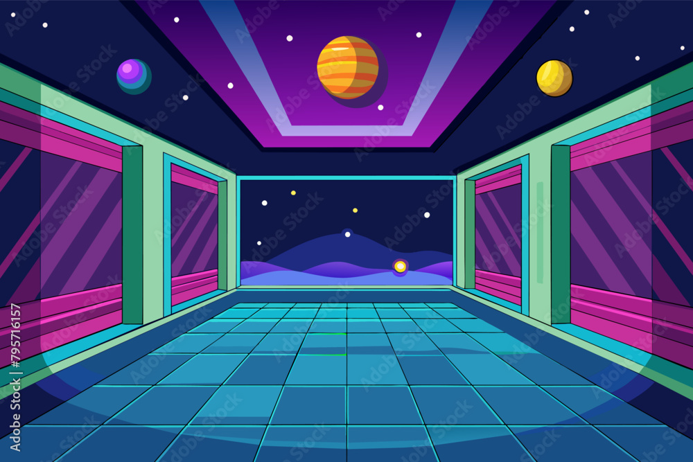 Fototapete an illustration of a futuristic hallway with a view of outer space and colorful planets through the 