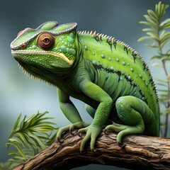 Fototapeta premium Watercolor Green colored chameleon close up, clipart Illustration, Generative Ai