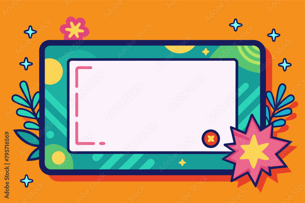 Poster colorful graphic illustration of a blank message or text box surrounded by decorative elements such 