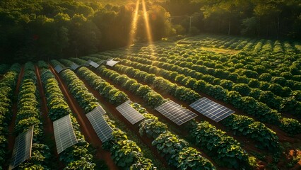 Solar panels integrated into farmland for dual purpose of energy generation and shade. Concept Sustainable Agriculture, Renewable Energy, Solar Farming, Green Technology, Innovative Solutions - obrazy, fototapety, plakaty