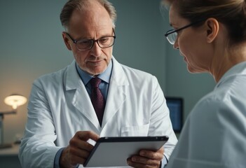 Two doctors consult over data on a tablet. Their professional exchange is focused and analytical.