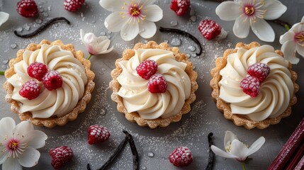 Obraz na płótnie Canvas Three cupcakes, each topped with white frosting and a raspberry, sit atop a table adorned with flowers and ribbons