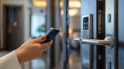 Closeup of a woman's finger entering password code on the smart phone and digital touch screen keypad entry door lock in front of a hotel room or apartment, Modern security, Smart device concept.