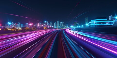 Obraz premium Car motion trails. Speed light streaks background with blurred fast moving light effect, Racing cars dynamic flash effects city road with long exposure night lights