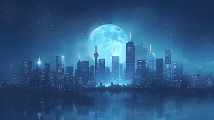 An abstract minimalist drawing of a city skyline at night