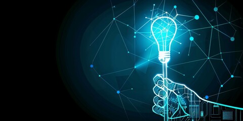 Conceptual Representation of Innovation and Energy: A Hand Holding a Brightly Illuminated Light Bulb Amidst a Flow of Electrical Energy, Symbolizing Bright Ideas and Power, Generative AI