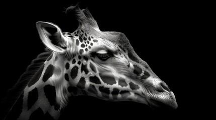   A black-and-white image of a giraffe's head tilted slightly to the side