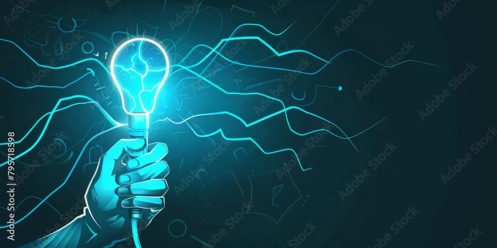 Poster conceptual representation of innovation and energy: a hand holding a brightly illuminated light bulb