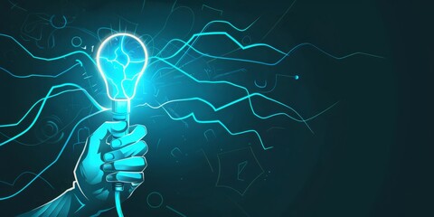 Conceptual Representation of Innovation and Energy: A Hand Holding a Brightly Illuminated Light Bulb Amidst a Flow of Electrical Energy, Symbolizing Bright Ideas and Power, Generative AI