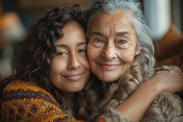 An affectionate embrace between a young woman and her grandmother, representing family love