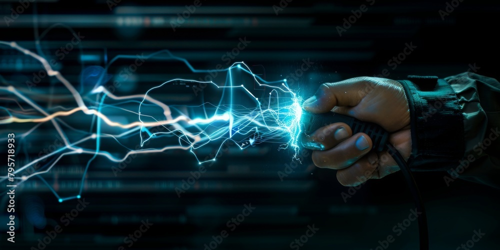 Poster a hand manages and directs flow of electrical energy with a futuristic technology, demonstrating con