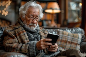 A senior man is immersed in reading an e-book at home, representing the adaptation to digital literacy and modern hobbies