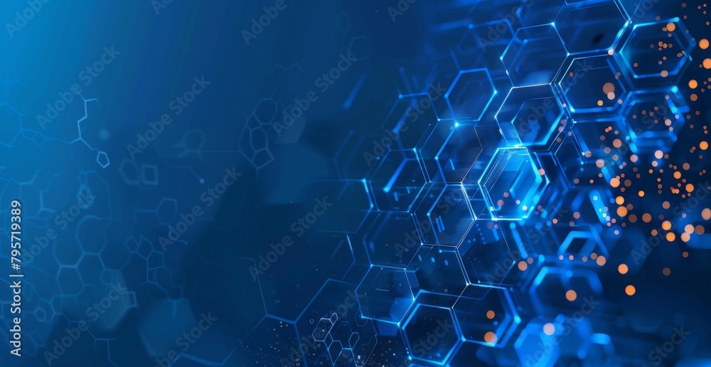 Wall mural abstract blue background with digital data and hexagons, technology illustration for web banner desi