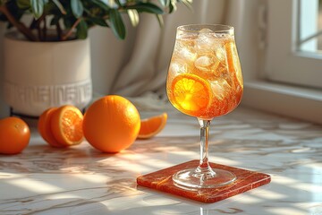 An image of an Aperol spritz cocktail in a glass, sitting on top of a small square red marble coaster with a white background and dark shadow