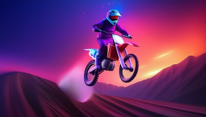 A dirt bike rider in the air after a jump in a surreal desert landscape and mountains with magenta...
