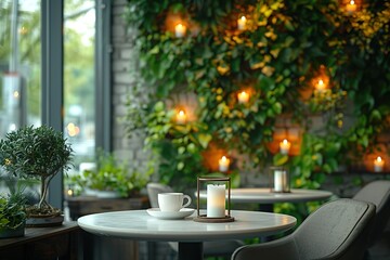 Obraz premium A restaurant with white tables and chairs, green plant decorations on the wall, and a table in front of it that has two coffee cups on top.