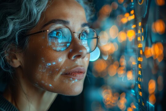 A woman is seen from behind examining a large array of illuminated server racks and network equipment