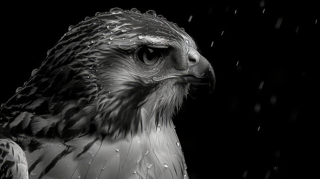   A tight shot of a birds of prey, wetted by droplets on its face and head, against a pitch-black backdrop