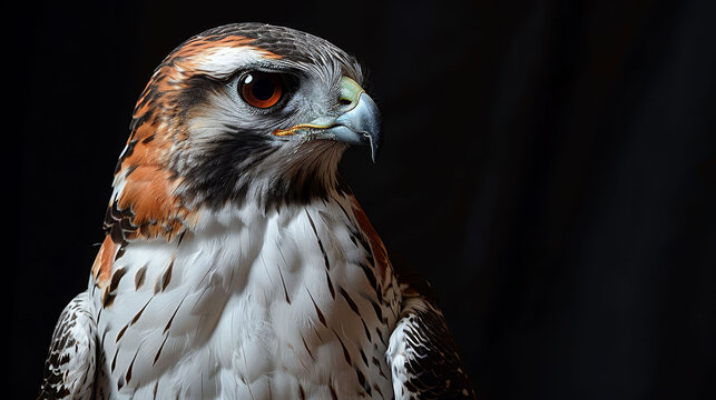   A tight shot of a bird of prey with an orange-and-white crest against a black backdrop