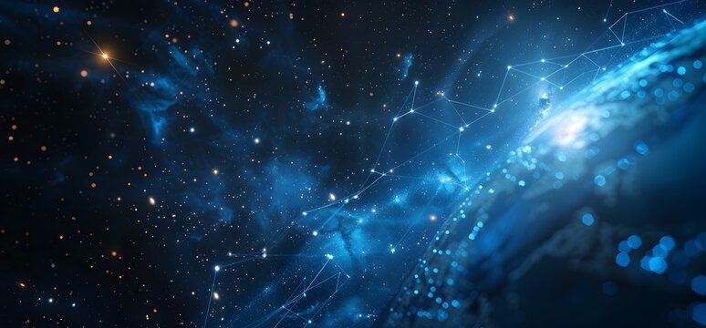 Abstract background with global network concept and digital connection technology in space, data transfer from one planet to another on dark blue abstract backdrop with light effect, copy spase 