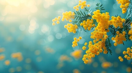   A tree bearing a multitude of yellow blooms against a hazy backdrop of blue and yellow