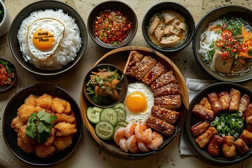 A top down view of an array of Vietnam dishes