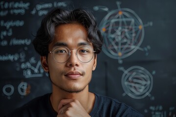 Contemplative young man posing before a blackboard filled with intricate science diagrams and equations