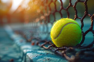 A vibrant tennis ball lodged tightly in the mesh of a chain link fence leaves an impression of halted motion and sport